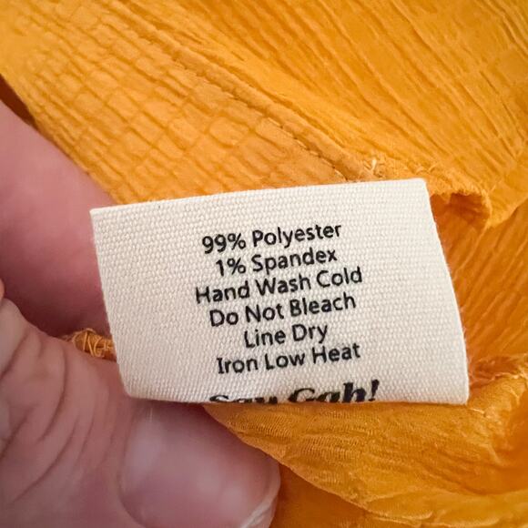 NEW Lisa Says Gah | Shirred Mustard Yellow Solid Sheer Flower Button Button Top - Picture 10 of 10